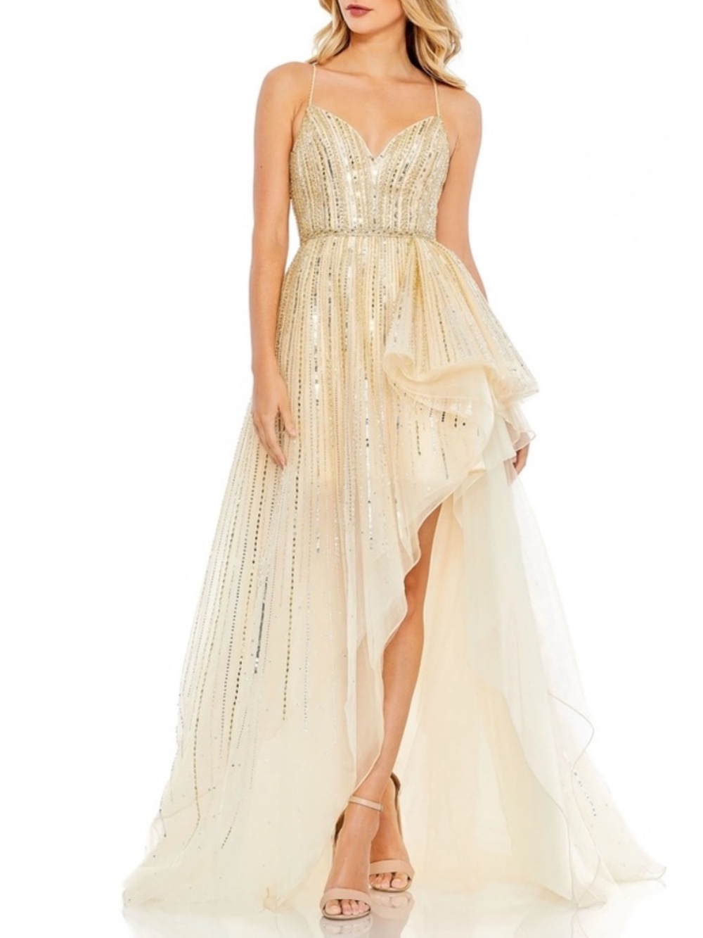 MAC DUGGAL Gold Embellished Sleeveless Draped A Line Asymmetrical Gown - Reemoly